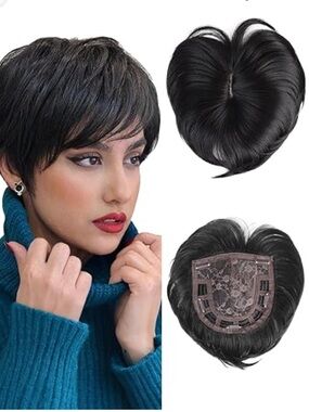 Short Hair Topper  5 Inch Short Pixie color 1B human hair blend